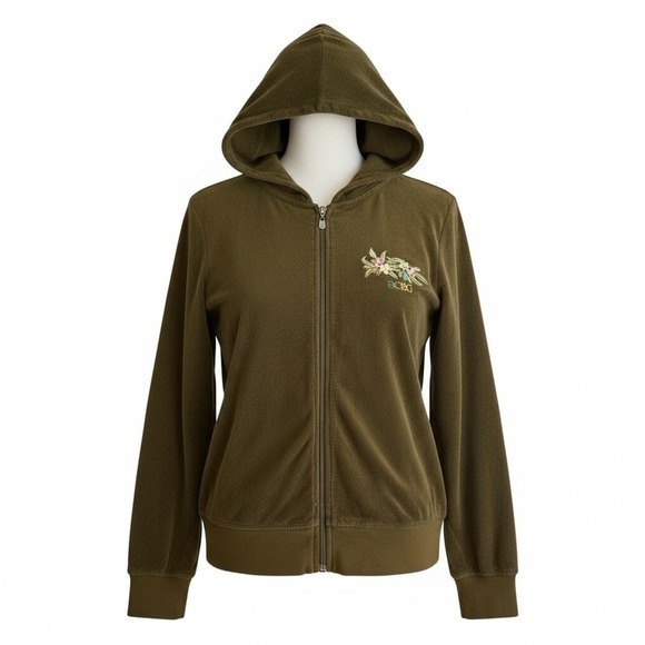 BCBGMaxAzria Tops - Y2K BCBGMAXAZRIA Olive Green Velour Hoodie Jacket Floral Bird Embroidery Large